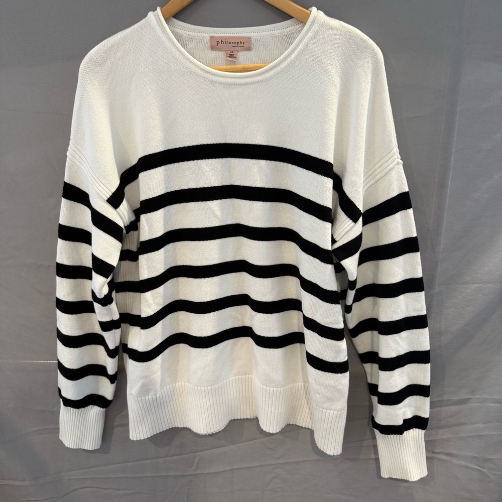 Philosophy Women's Black and White Striped Sweater Size L Pre-owned.